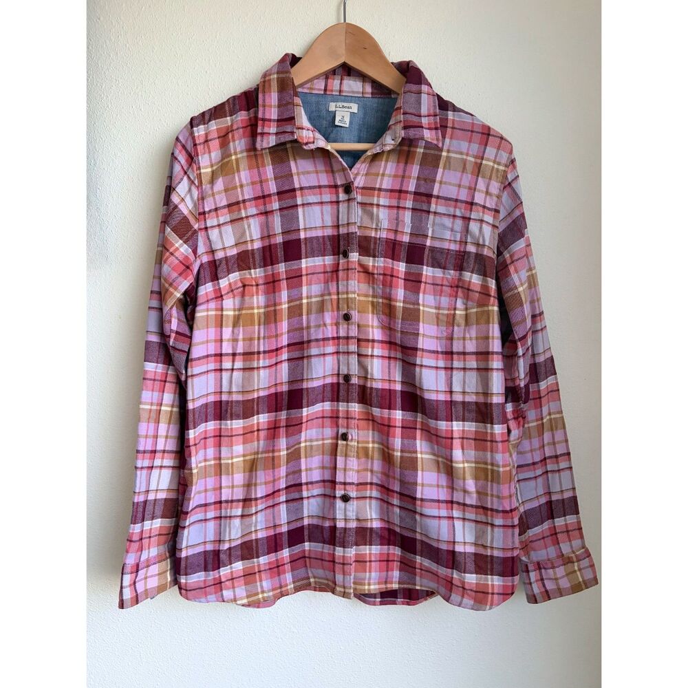L.L. BEAN Plaid Flannel Pink Burgundy Long Sleeve Button Up Shirt Womens Medium